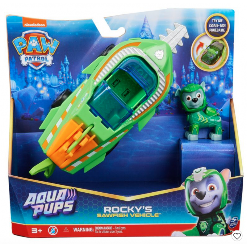 Vehicul Patrula Catelusilor Aqua Pups cu figurina Rocky Vehicul Patrula Catelusilor Aqua Pups cu figurina Rocky